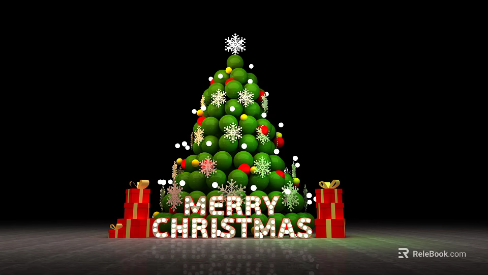 Festive Christmas Tree Decorated With Snowflakes Lights And Gift Boxes Around Merry Christmas Sign 3d model 