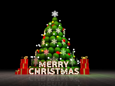 Festive Christmas Tree Decorated With Snowflakes Lights And Gift Boxes Around Merry Christmas Sign 3d model