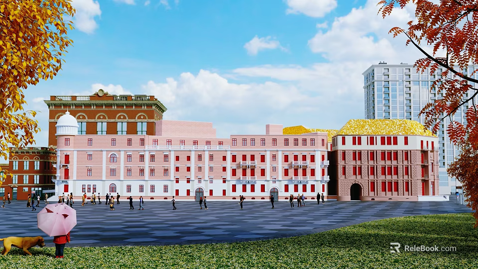 Elegant Retro European Commercial Building Exterior Facade With Bright Red Windows Facing Spacious Pedestrian Plaza 3d model 