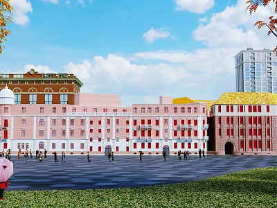 Elegant Retro European Commercial Building Exterior Facade With Bright Red Windows Facing Spacious Pedestrian Plaza 3d model