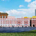 Elegant Retro European Commercial Building Exterior Facade With Bright Red Windows Facing Spacious Pedestrian Plaza