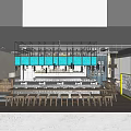 Modern Restaurant Interior With Blue Decorative Panels Wooden Bar Stools And Wall Art Frames