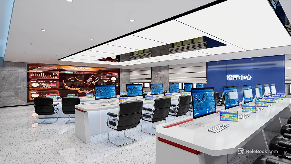 Professional Control Room Setup with Multiple Computer Monitors Workstations and Digital Displays 3d model 