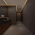 Modern Public Toilet Design With Wooden Details Dark Grey Tiles And Warm Ambient Lighting