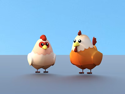 Cute Cartoon Chickens With White Orange Feathers Red Combs On Blue Sky Gray Ground 3d model