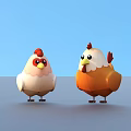 Cute Cartoon Chickens With White Orange Feathers Red Combs On Blue Sky Gray Ground