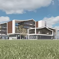 Modern Multi Story Boutique Hotel Building With Glass Facade Green Lawn And Water Reflection