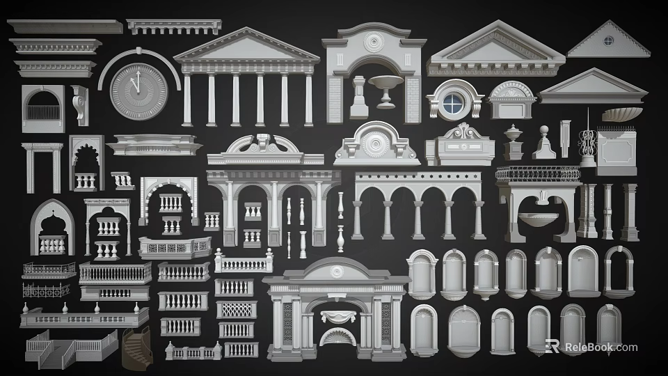 Ornate Classical Architectural Components Featuring Columns Arches Railings And Decorative Moldings 3d model 