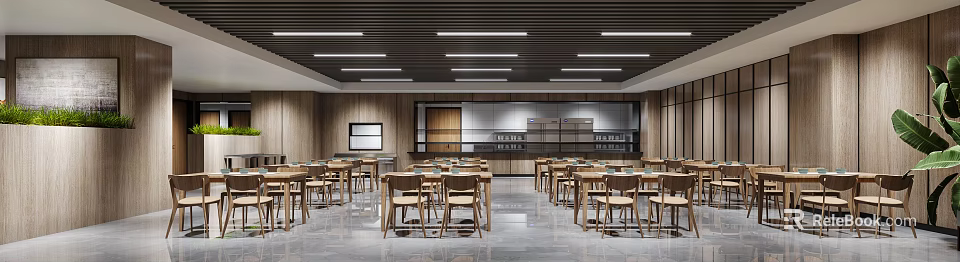 Spacious Modern Cafeteria Interior With Wooden Tables Chairs And Linear Ceiling Lights 3d model