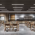 Spacious Modern Cafeteria Interior With Wooden Tables Chairs And Linear Ceiling Lights 3d model