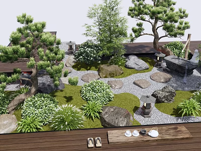 Japanese Style Courtyard Garden With Pine Trees Stones Moss Stone Lanterns And Wooden Deck 3d model