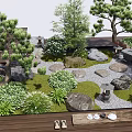 Japanese Style Courtyard Garden With Pine Trees Stones Moss Stone Lanterns And Wooden Deck