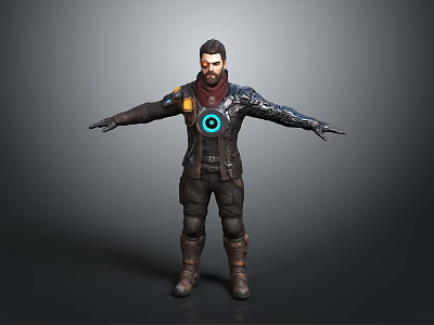 Futuristic Male Character In Metallic Armor With Blue Circular Emblem And Outstretched Arms 3d model