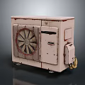 Aged Electrical Appliance with Rusted Surface Fan Grille and Portable Wheels