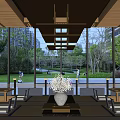 Serene Restaurant Interior With Wooden Ceiling Large Windows Trees Outside Tatami Seating And Central Vase
