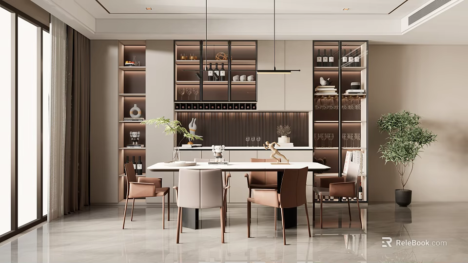 Elegant Modern Restaurant Interior With White Table Brown Chairs Pendant Lights Wine Cabinets Green Plants 3d model 