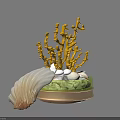 Elegant Ornamental Decor Set with Yellow Coral Large Seashell White Pebbles Green Golden Base