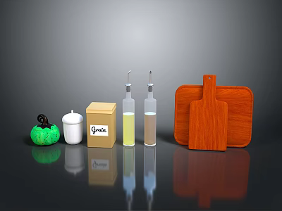 Essential Kitchen Living Supplies With Wooden Cutting Board Spice Containers And Bottles 3d model