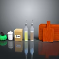 Essential Kitchen Living Supplies With Wooden Cutting Board Spice Containers And Bottles