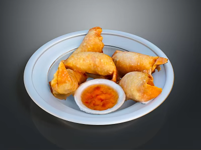 Crispy Golden Spring Rolls Served With Sweet Chili Dip On White Plate 3d model