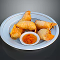 Crispy Golden Spring Rolls Served With Sweet Chili Dip On White Plate