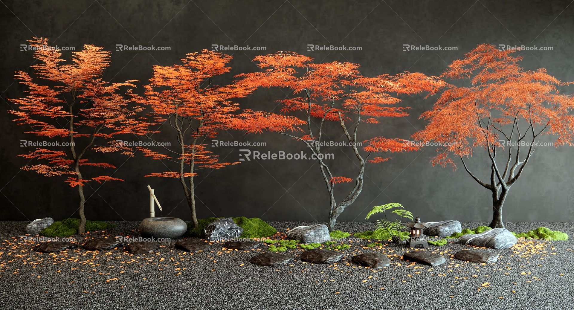 Japanese-style red maple landscape tree maple tingbu micro-terrain courtyard landscape sketch landscape stone moss plant water bowl waterscape 3d model