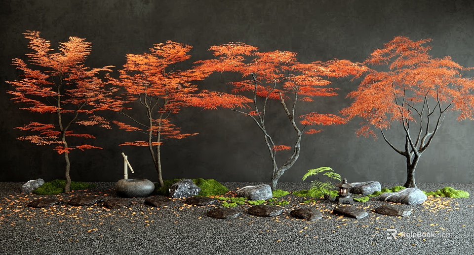 Red Maple Trees With Orange Leaves Against Dark Gray Wall Pebbles Moss And Small Lantern 3d model 