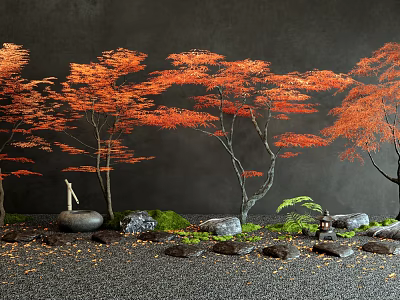 Red Maple Trees With Orange Leaves Against Dark Gray Wall Pebbles Moss And Small Lantern 3d model