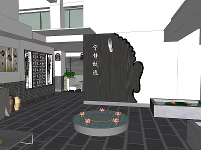 Chinese Style Restaurant Interior With Round Lotus Pond Green Plants And Decorative Wall 3d model