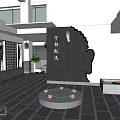 Chinese Style Restaurant Interior With Round Lotus Pond Green Plants And Decorative Wall