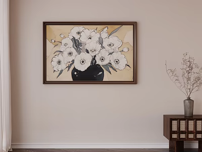 Oil Painting of White Flowers in Black Vase with Brown Frame on Beige Wall 3d model