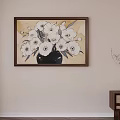 Oil Painting of White Flowers in Black Vase with Brown Frame on Beige Wall