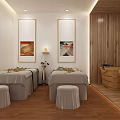 Serene SPA Sauna Room Interior With Massage Bed And Wooden Barrel Bathtub