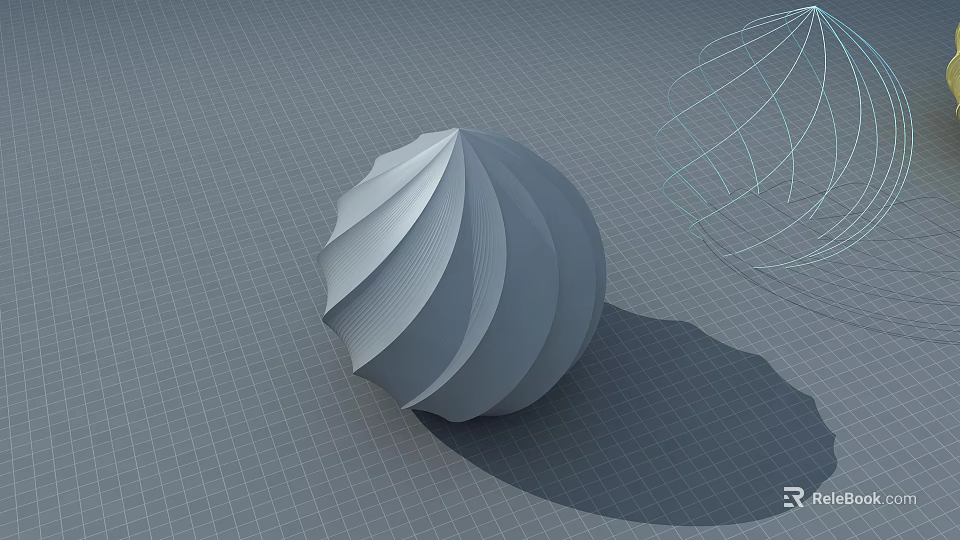 Gray Spiral Sphere Sculpture With Textured Surface And Wireframe Structure On Grid Background 3d model 