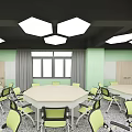 School Modern Classroom Featuring Large Interactive Screen Round Tables Green Chairs And Hexagonal Lights 3d model