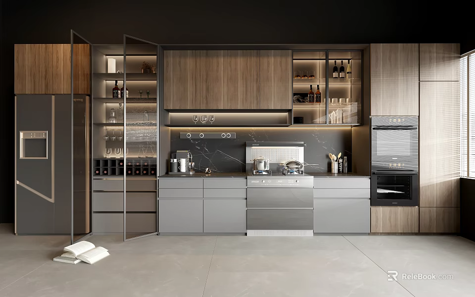 Modern Kitchen Interior Featuring Wooden And Gray Cabinets With Sleek Countertop And Appliances 3d model 