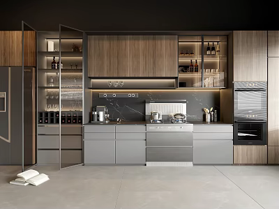Modern Kitchen Interior Featuring Wooden And Gray Cabinets With Sleek Countertop And Appliances 3d model