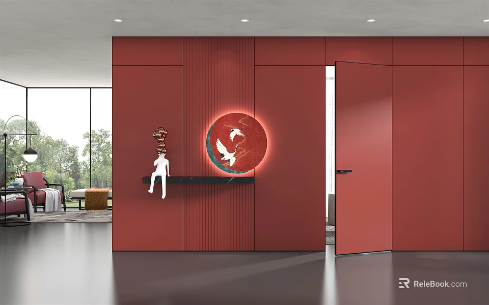 Red Vertical Striped Sofa Backdrop Wall With Circular Crane Decoration And White Sculpture 3d model 