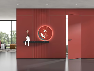 Red Vertical Striped Sofa Backdrop Wall With Circular Crane Decoration And White Sculpture 3d model