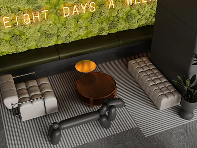 Modern Booth Sofa Setup With Moss Wall Striped Flooring Wooden Coffee Table And Potted Plant 3d model