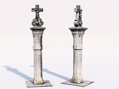 Two Stone Pillars With Crucifix Crosses On Top For Religious Architecture 3d model