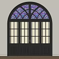 Decorative Double Doors With Black Frame And Stained Glass Arched Top Design