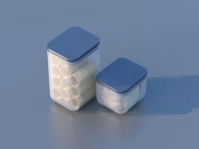 Two Transparent Storage Jars With Blue Lids Containing White Cylindrical Items 3d model