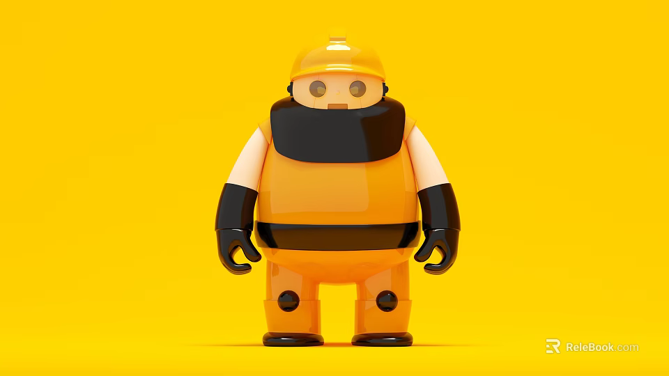 Cute Robot Style Doll With Orange Black Outfit Helmet Mask And Gloves On Yellow Background 3d model 