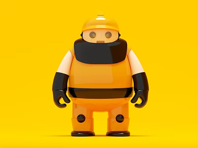 Cute Robot Style Doll With Orange Black Outfit Helmet Mask And Gloves On Yellow Background 3d model