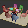 Elegant Black Dining Table With Six White Padded Chairs On White Mat And Tableware