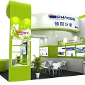 Modern PHACON Exhibition Booth With Green White Curved Design Reception Counter Display Screens And Plants