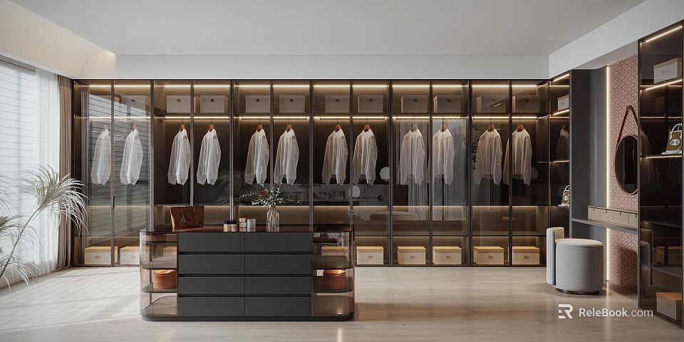 Elegant Modern Walk in Closet Interior With Hanging White Shirts And Glass Door Cabinets 3d model 