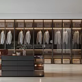 Elegant Modern Walk in Closet Interior With Hanging White Shirts And Glass Door Cabinets