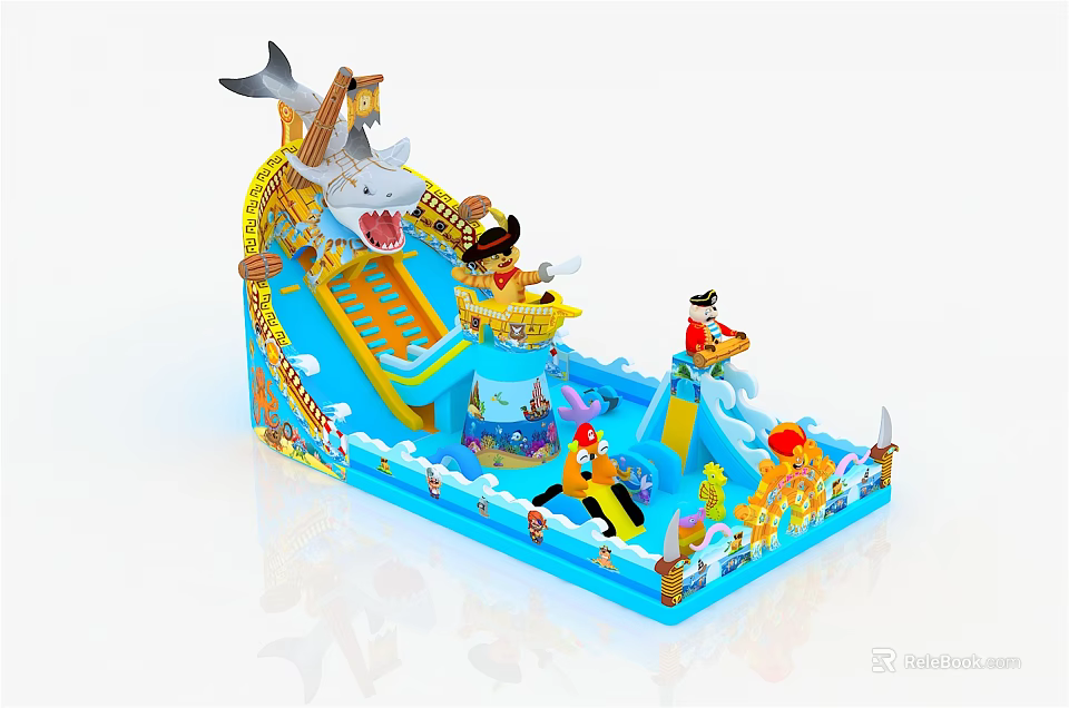 Inflatable Pirate Theme Kids Play Equipment With Shark Slide And Ocean Elements Design 3d model 